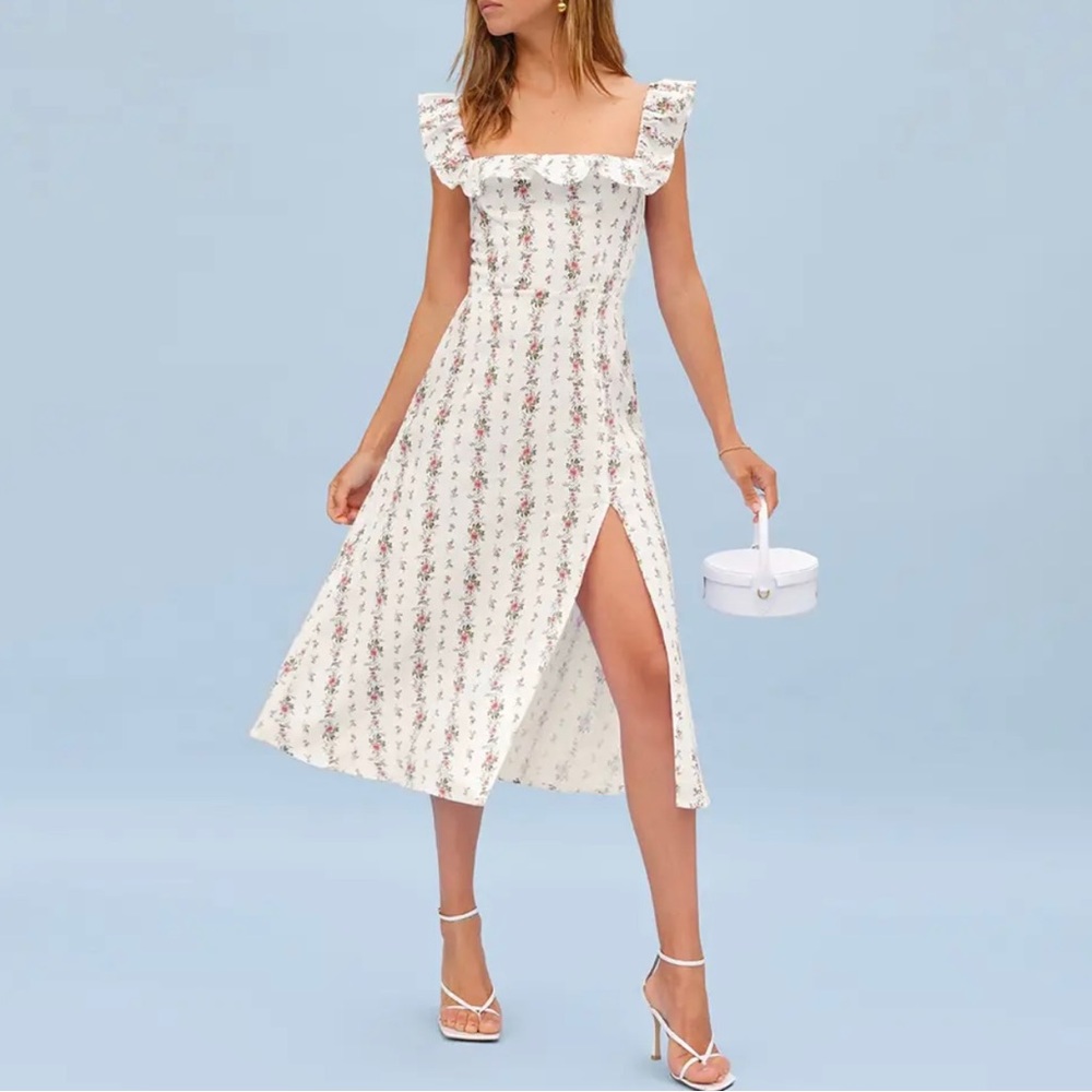 SOLD - Floral Ruffle Trim Slit Leg Summer Dress - Reformation Inspired Dress.